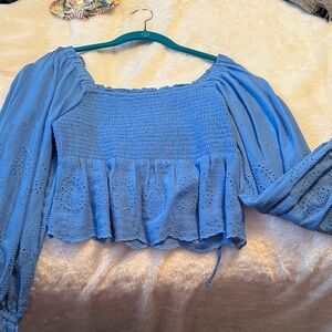American Eagle Outfitters Blue Smocked Blouse with Eyelet Accents